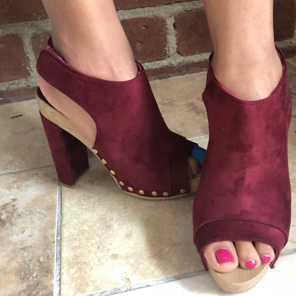 Suede Stud Studded Mule Wooden Heel Peep Toe Red - Picture 6 of 8